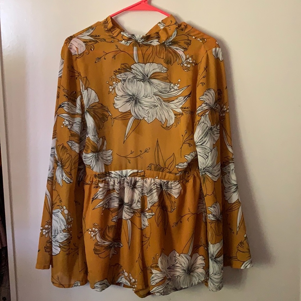 Cute Dark Mustard Yellow Romper w/White Flowers
